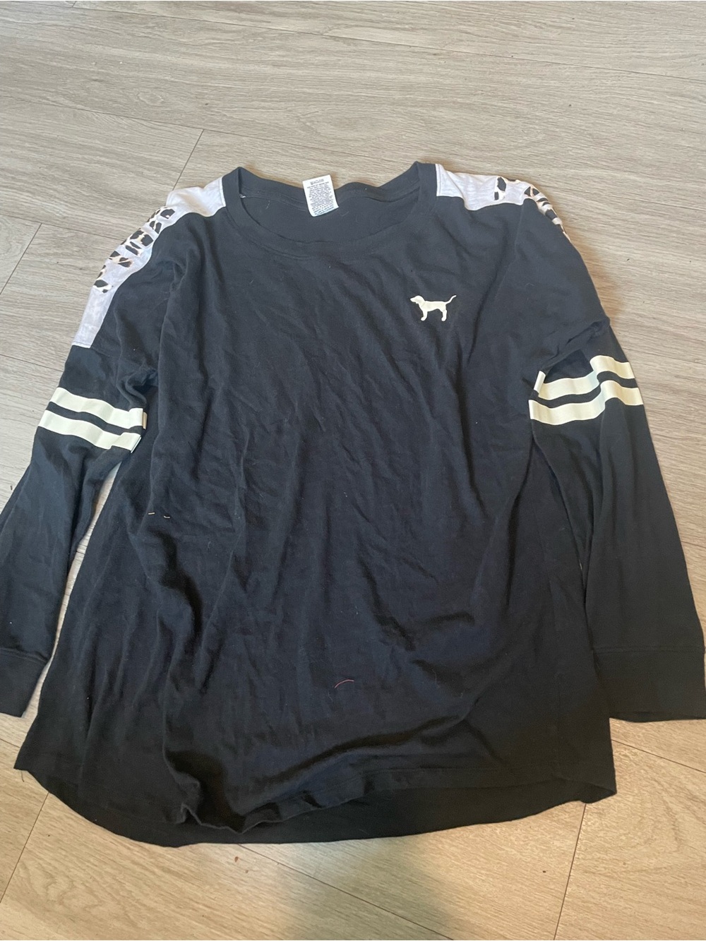 Victoria's Secret Black Long-Sleeve Tee with White Dog Logo and Stripe Accents